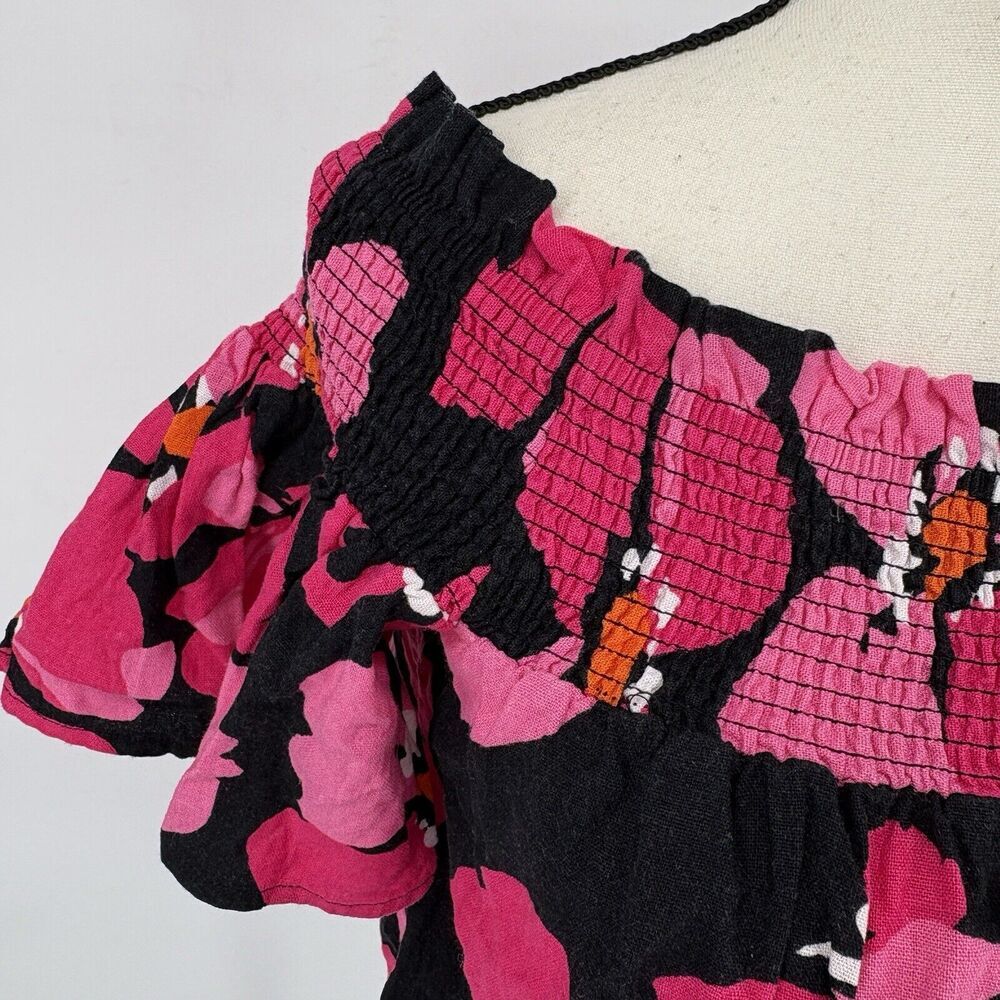 WHO WHAT WEAR Womens Off Shoulder Floral Smocked Crop Top XS Pink Black‎ - Picture 3 of 10
